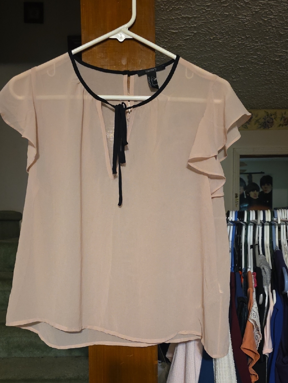 Forever 21 Light Pink Tie-Neck Flutter Sleeve Blouse